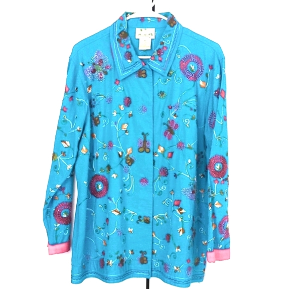 Quacker Factory Jacket Sz M Embellished Butterflies Flowers-321 - Picture 1 of 9